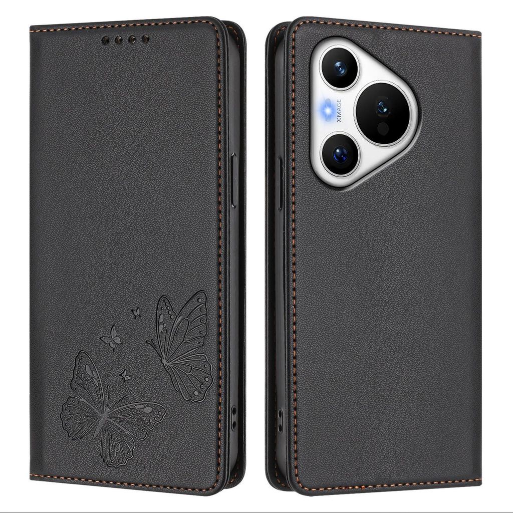 Lederhülle für Huawei Pura 70, Schmetterling Prägung Leder Brieftasche Schutzhülle mit Ständer Schwarz
