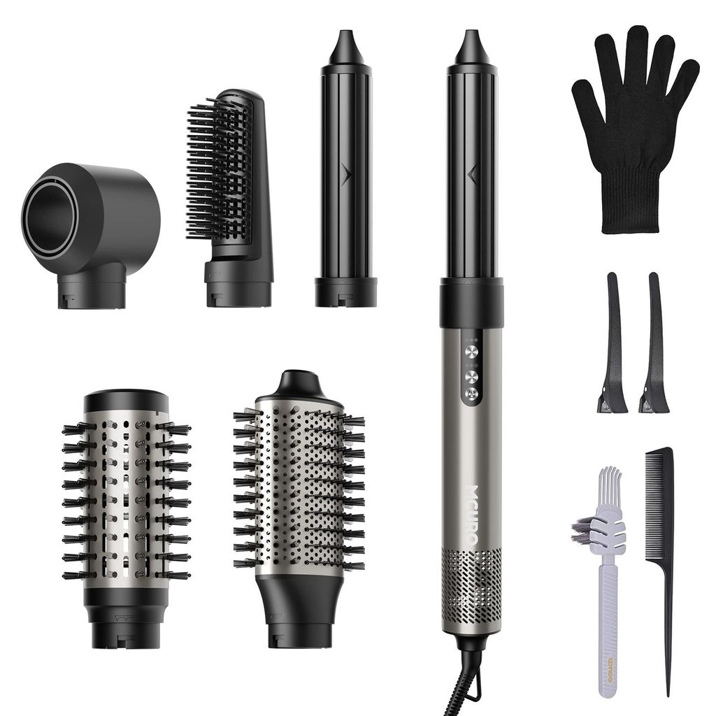 MCURO 6-in-1 Warmluftbürste mit 6 Aufsätzen,Airflow Lockenstab, Föhn & Negativ-Ionen Haarstyler für Glätten,Volumen & Locken,inkl. Aufbewahrun...
