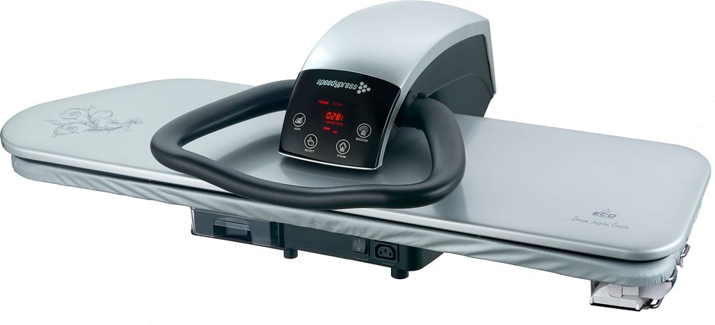 A professional studio shot of a silver and black steam ironing press.