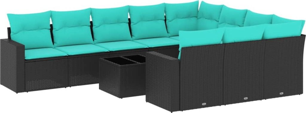 vidaXL 11-tlg. Garten-Sofagarnitur mit Kissen Schwarz Poly Rattan