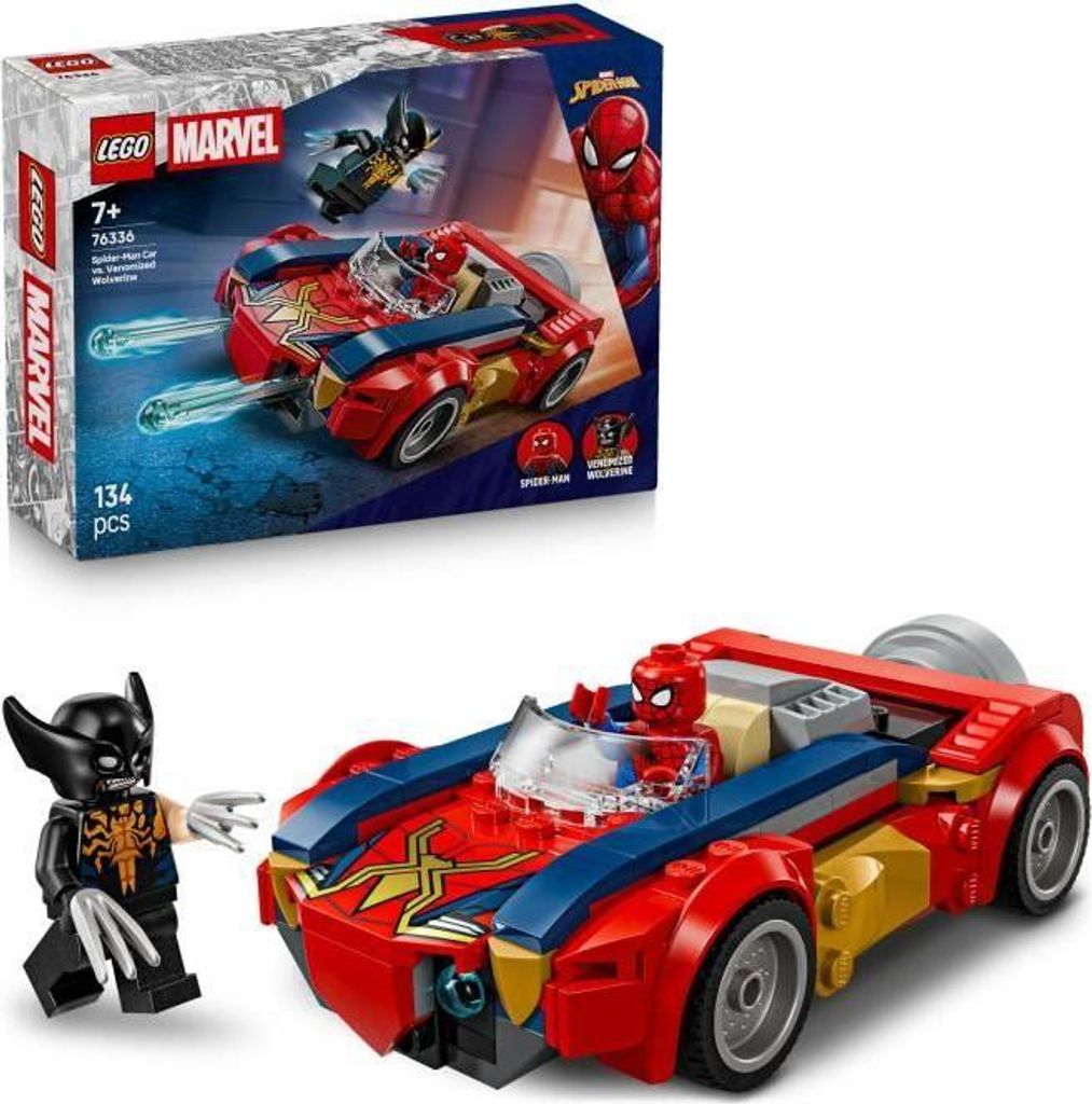 LEGO Marvel Spider-Man und sein Auto gegen Venomized Wolverine, Bauspielzeug für Kinder ab 7 Jahren