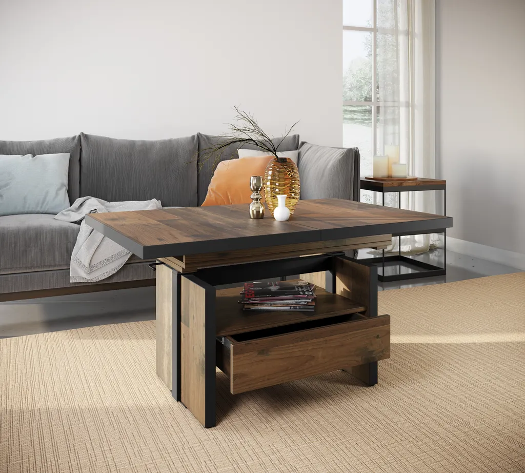 Table basse transformable bois et gris Noah avec tiroir et rangement 150cm - 2