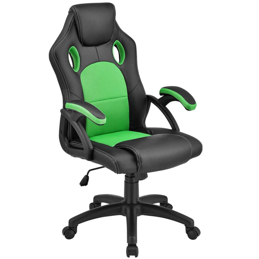 A black and green racing-style gaming chair against a white background.