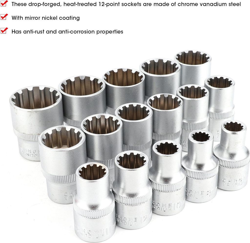 16 Stück 1/2 Zoll DR. SAE/METRIC-Spline-Steckschlüsselsatz, Spiegelnickel-Finish, 12-Eck-Universal