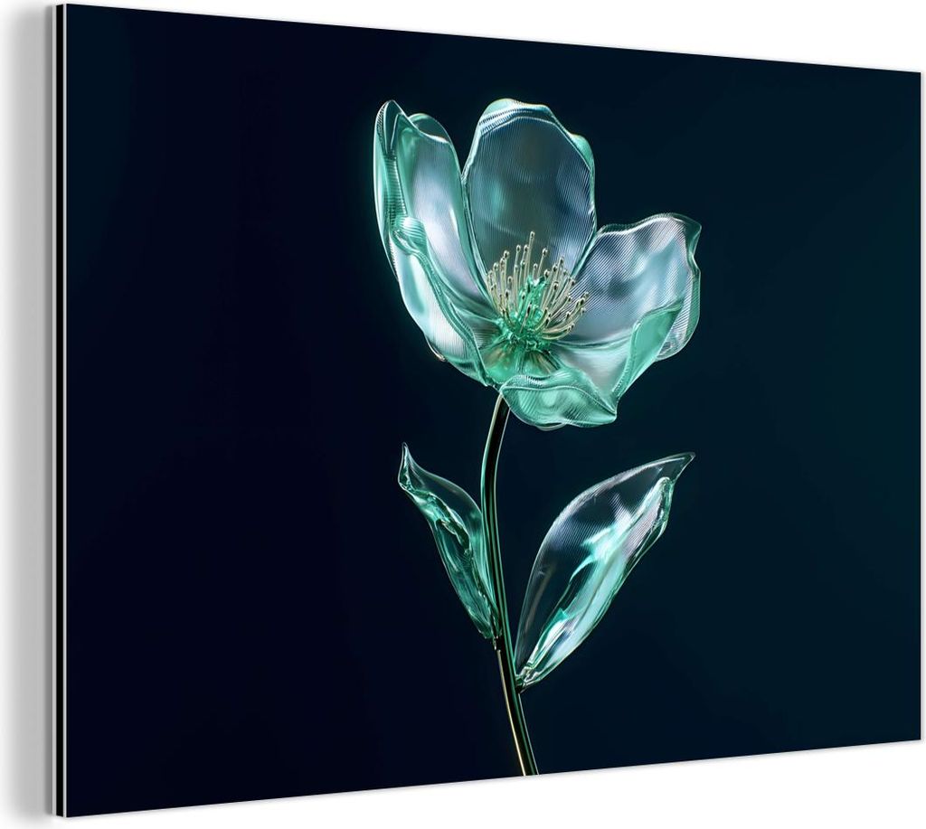 MuchoWow Wanddekoration Metall Metallbild Wandkunst 120x80 cm Blätter - Blume - Gläser - Dunkelblau MuchoWow Aluminium Gemälde - Alu Bild