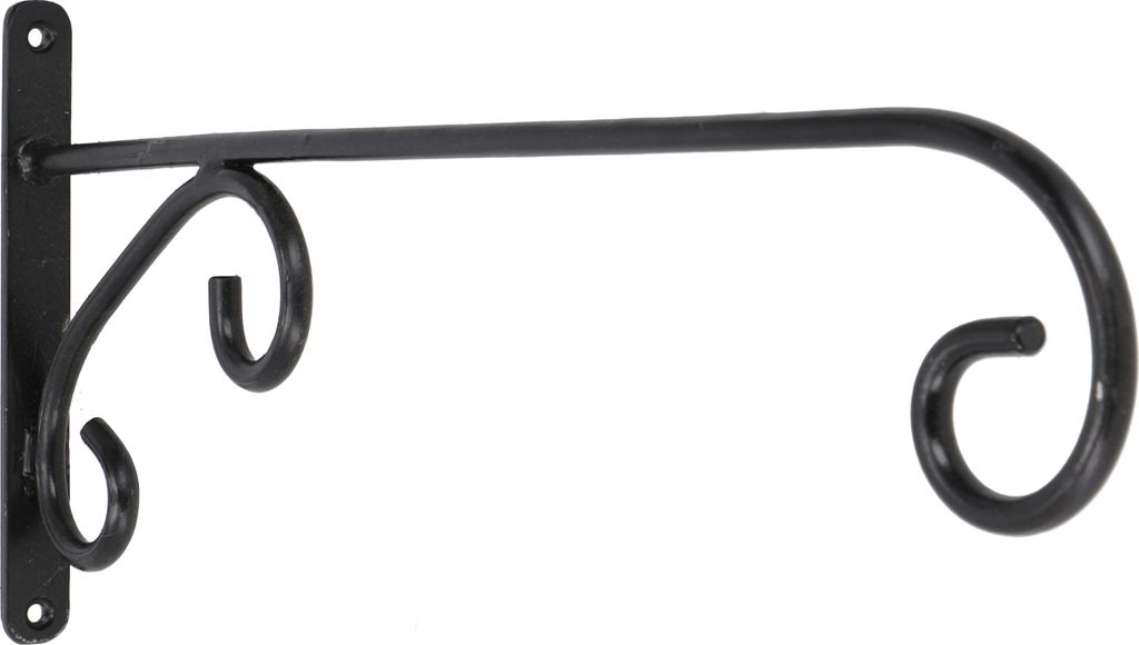 A black metal wall bracket with decorative scrollwork, designed for hanging items.