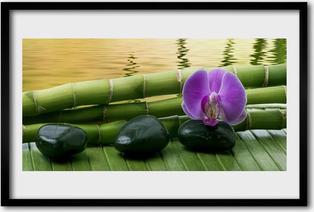 Bild 60x40 MDF-Rahmen Wandkunst Blumen Steine Bambus Natur