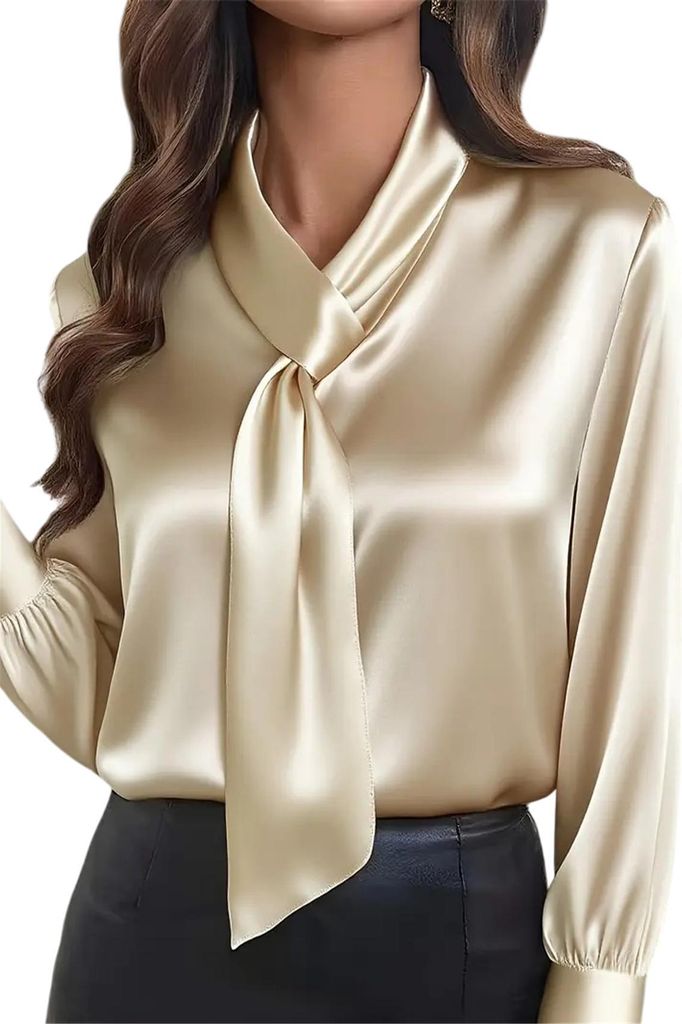 ASKSA Damen Satin Bluse Schleife Langarm Elegante Oberteile Buero Casual Seide Hemdbluse Arbeitshemd Business Langarmshirt (Khaki,L)