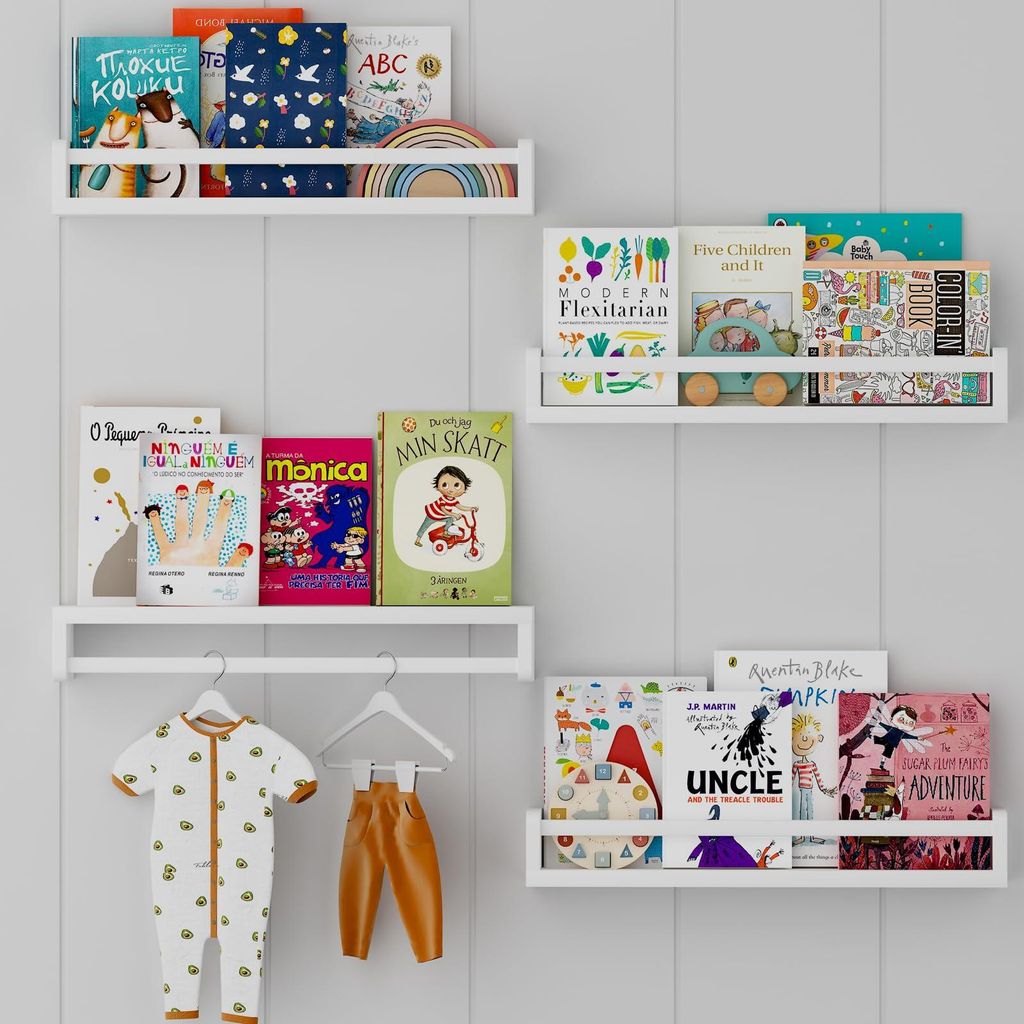 Wandmontiertes Kinderbücherregal, 40 cm breit, weiß, massives Kiefernholz, Wandregal für Kinderzimmer, schwebendes Regal für Babyzimmer, Kinder...