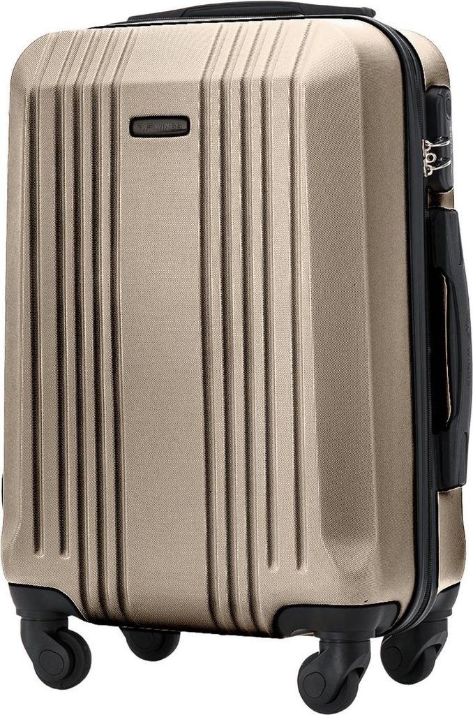 A single champagne-colored suitcase with black wheels and handle, shown from the front at a slight diagonal.