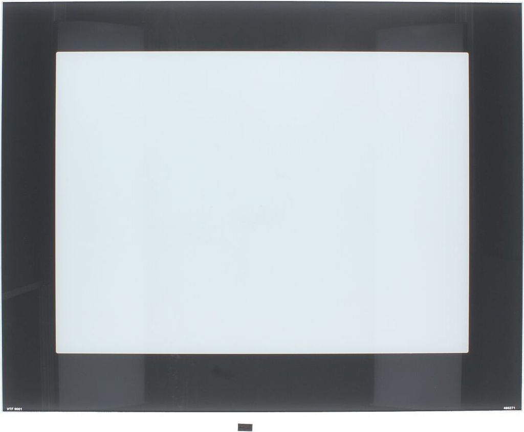 A product shot of an oven door glass pane, set against a black and white background.
