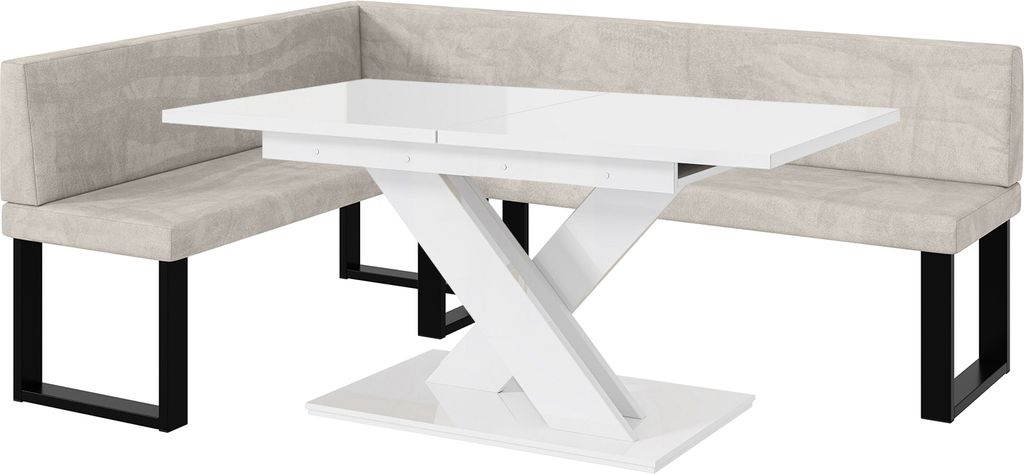 MEBLINI Eckbank für Esszimmer mit ausziehbarem Tisch - Küchenbank - Essecke - Sitzecke Küche - TONI - U-Beine 142x196x87cm Links - Beige Samt/B ...
