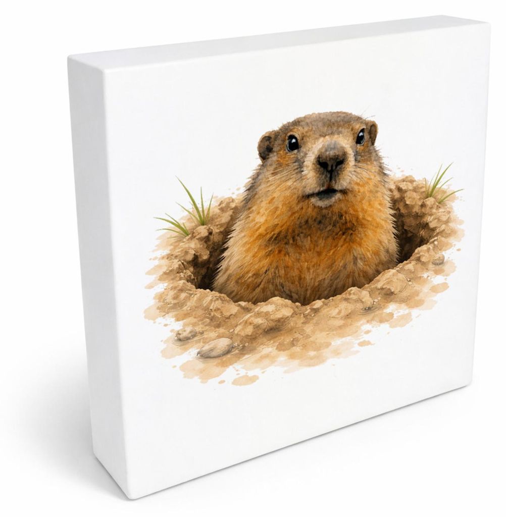 Murmeltier-Charm Murmeltier im Erdloch Holzbild in 20x20 cm zum Stellen oder