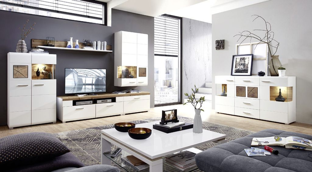 Wohnzimmer Möbel weiß mit Eiche Applikationen FARO-36 Set Produktbild 