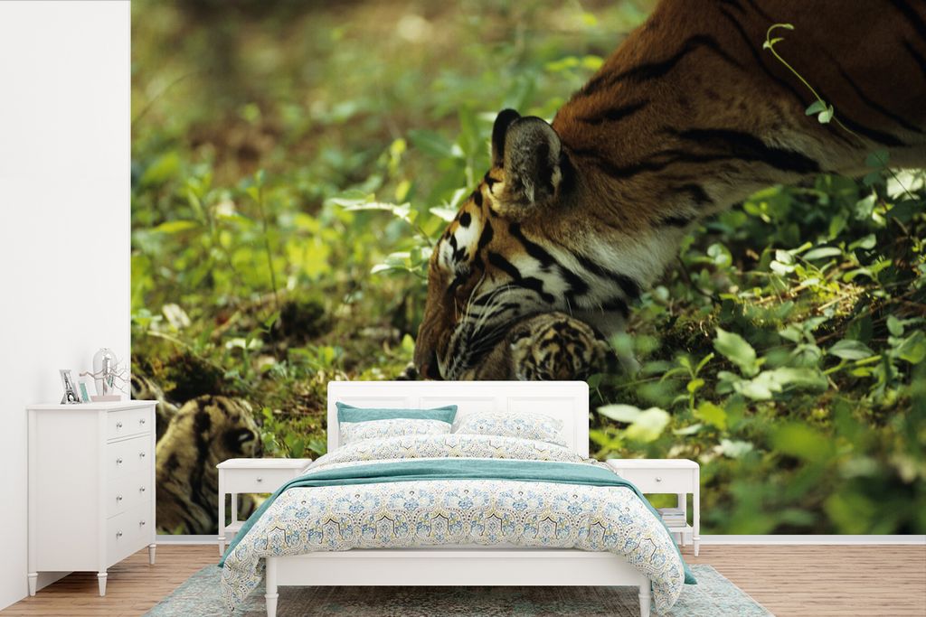 MuchoWow Fototapete für Wohnzimmer oder Schlafzimmer Wandtapete Vinyl Motivtapete Tiger - Pflanzen - Jungtier - 525x350 cm - Das Hintergrundbild