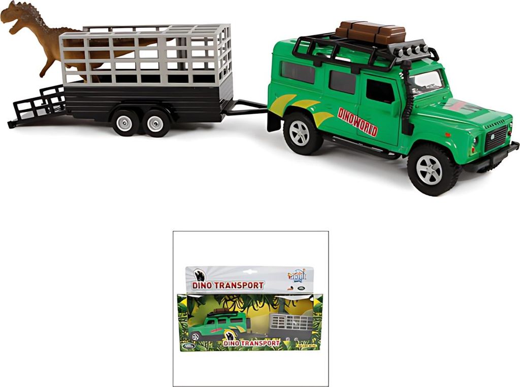 Kids Globe Land Rover mit Dino auf Anhänger, Fahrzeug, Länge 29cm