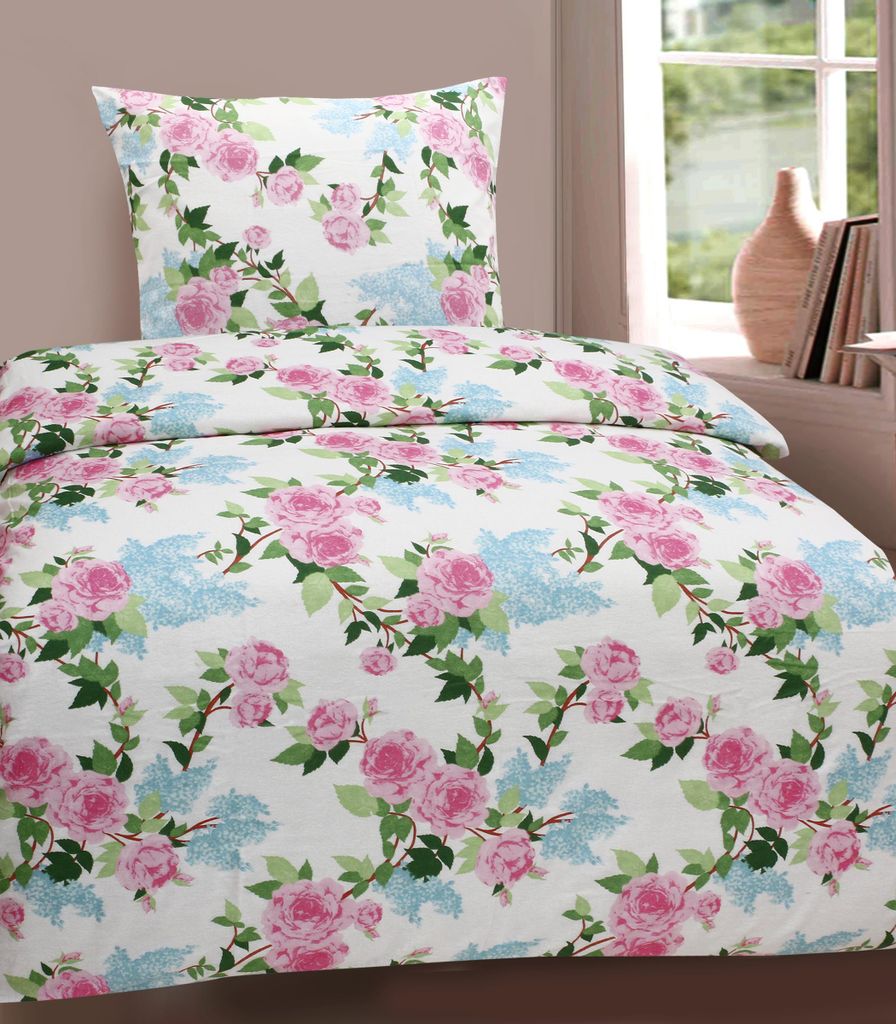 Bettwäsche Winter Biber Feinbiber Baumwolle 2x 135x200 + 2x 80x80 cm Doppelpack Design: Rosenzeit