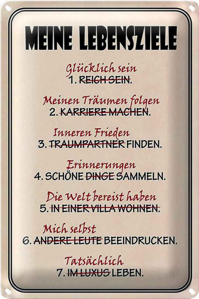 Blechschild Spruch 20x30cm meine Lebensziele glüpcklich