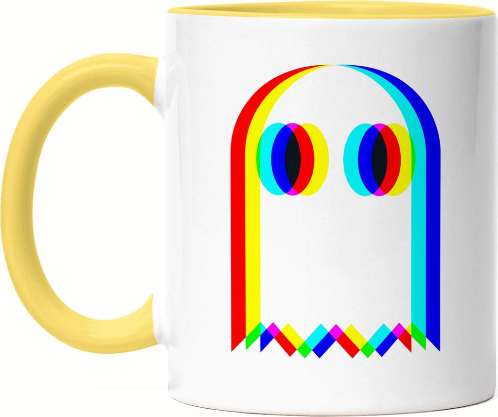 Bunter Retro Geist Tasse Gelb – Lustiger Gaming Becher mit Retro Ghost