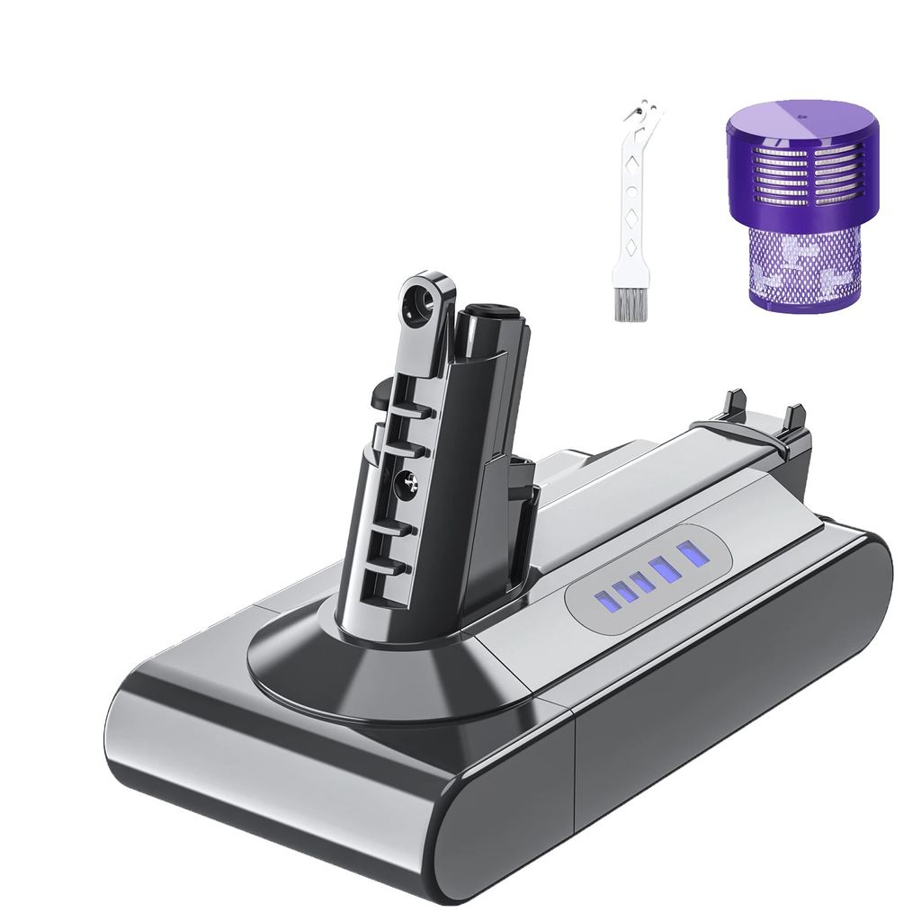 A vacuum cleaner battery and accessories are displayed against a white background.