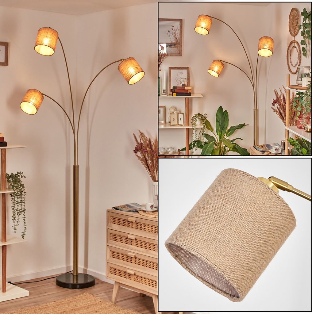 Tubione Stehlampe aus Metall/Leinen in Schwarz/Messing gebürstet/Natur