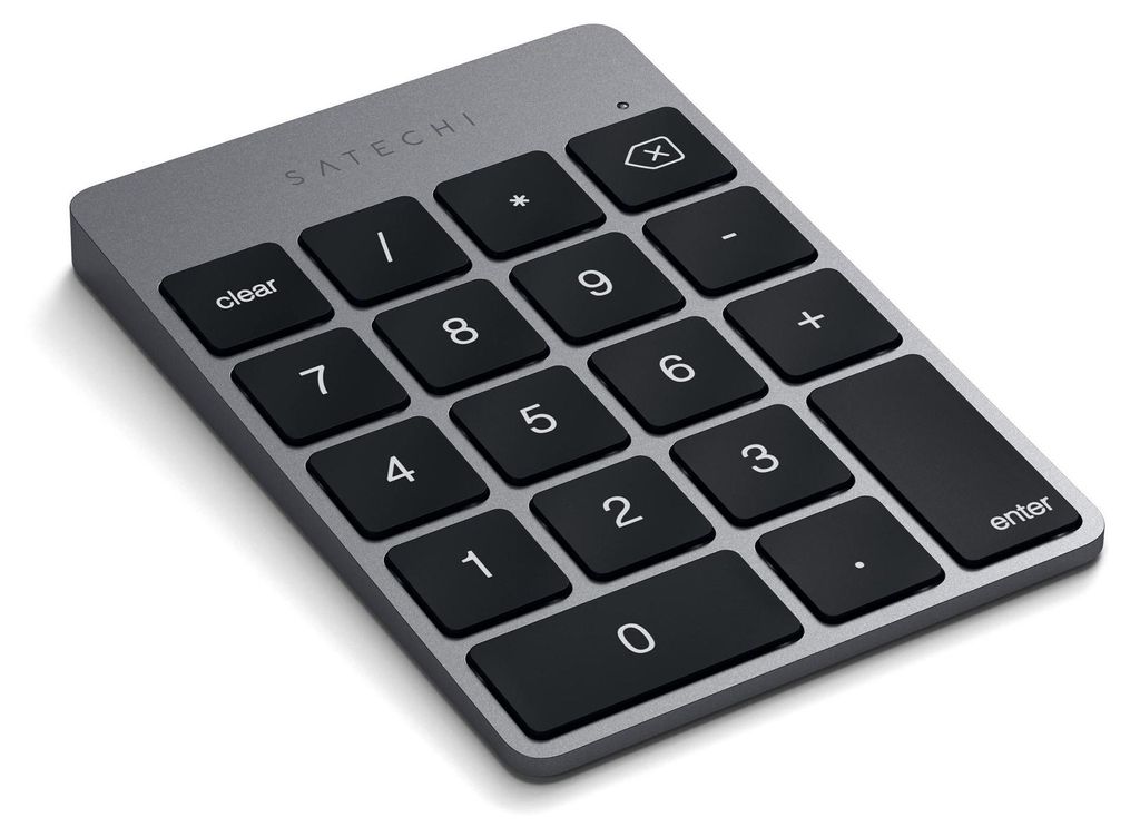 A close-up, angled view of a Satechi aluminum numeric keypad.