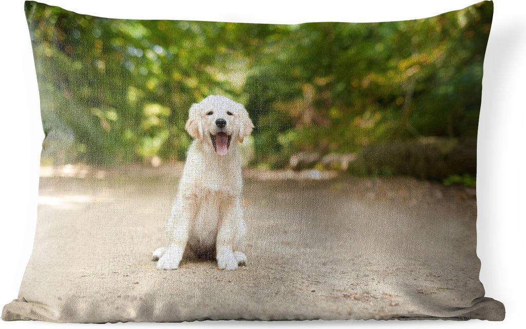 MuchoWow Outdoor Kissen - Labrador Retriever Welpe sitzt auf einem Waldweg - 50x30 cm - Wetterfest - Lounge Kissen - Sofa kissen - Wohnzimmer Dek...
