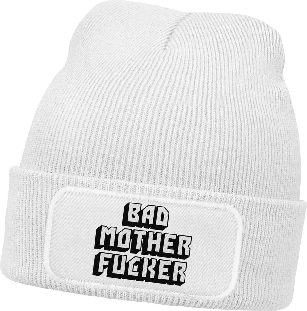Herren Beanie mit Patch Strickmütze mit Design Spruch Bad Motherfucker Mütze Männergeschenke Lustig Moonworks