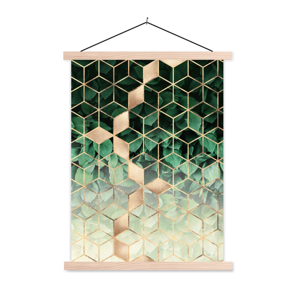 MuchoWow Textilposter Blätter - Gold - Würfel - Luxus 40x53 cm mit holzfarbenen Rahmen - Schlafzimmer