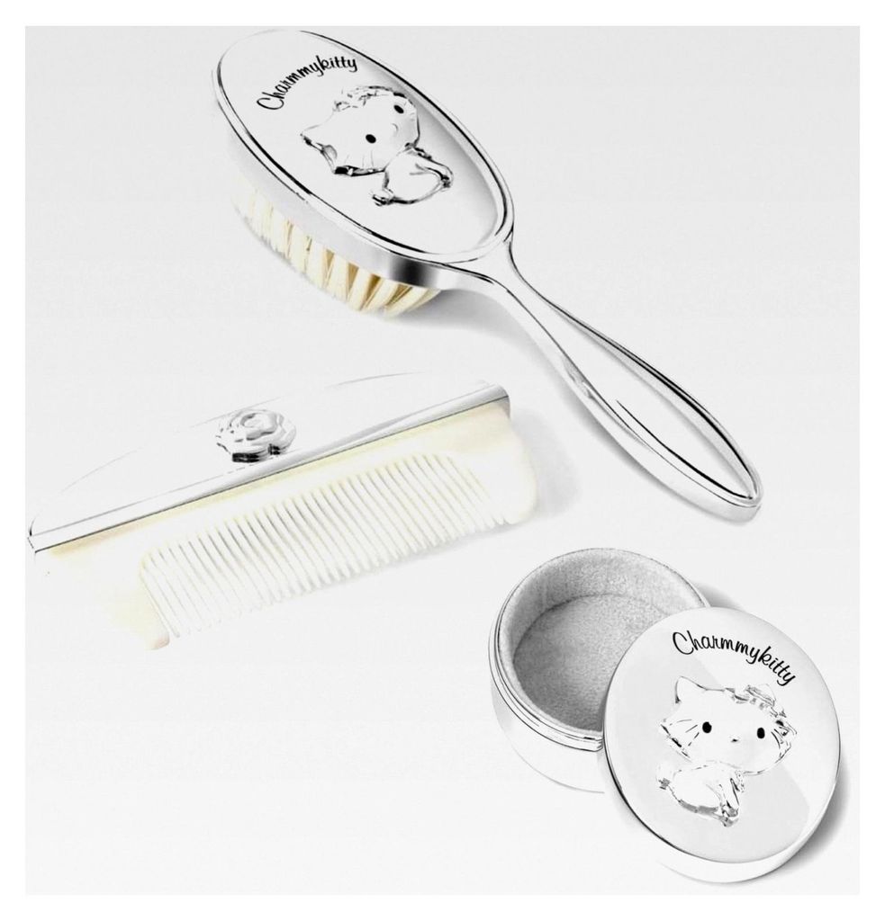 Charmmy Kitty Set mit Bürste, Kamm und versilberter Zahndose – Geschenkset für Babys und Kleinkinder | Taufe