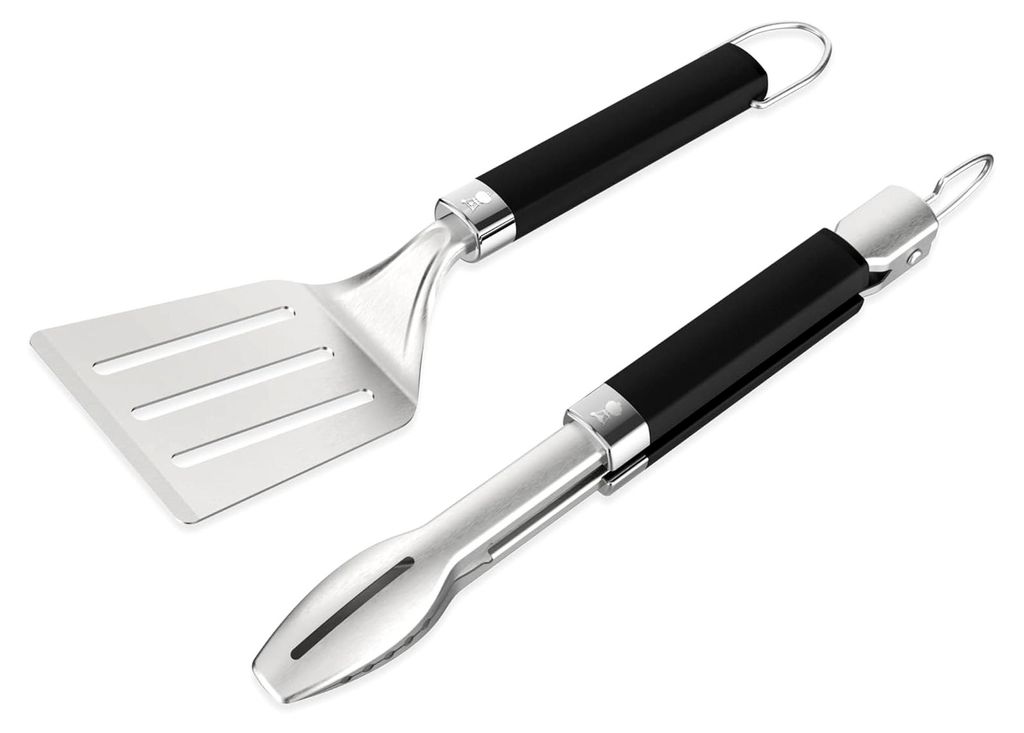 Tragbares Grillwerkzeugset (2-teilig) - bestehend aus Grillzange und Wender, spülmaschinengeeignet - Silber - Schwarz