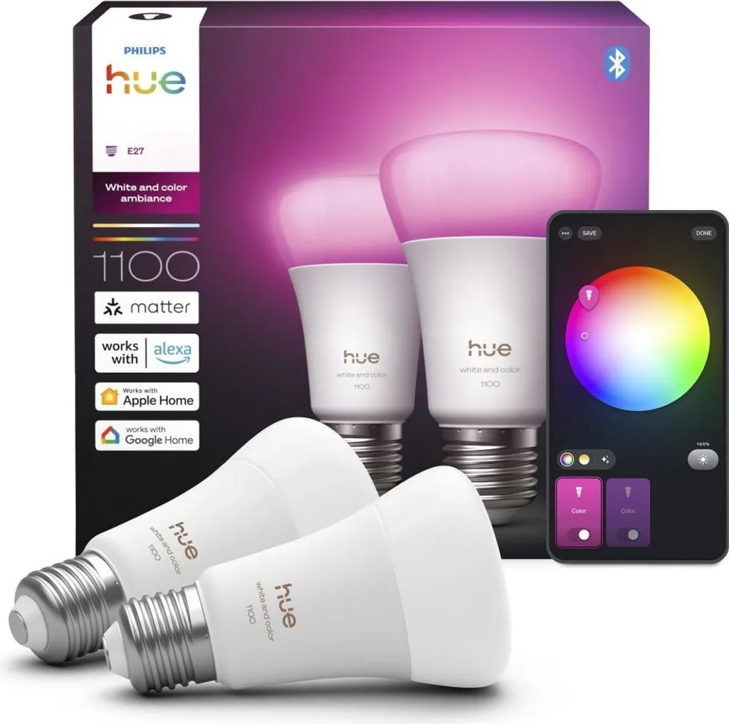 Pack 2 Ampoules LED E27 Philips Hue 1100 lm avec 16 Millions de Couleurs
