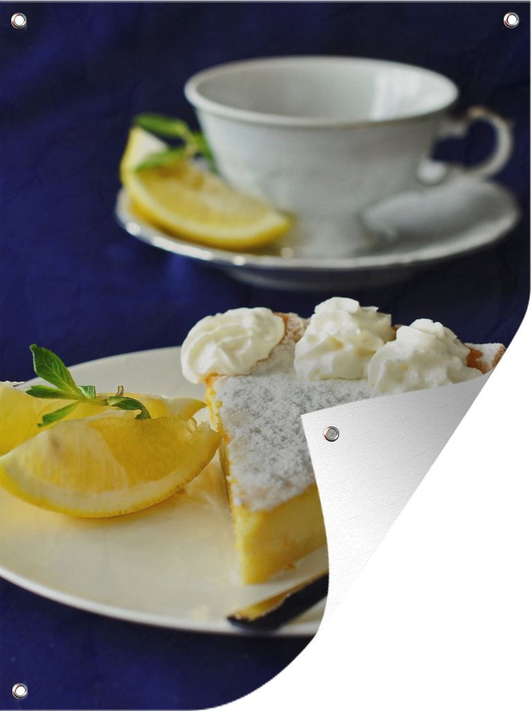 MuchoWow 60x80 cm Outdoor-Poster Gartendeko Sichtschutz Garten Poster für den Garten Zitronenkuchen, serviert mit Kaffee