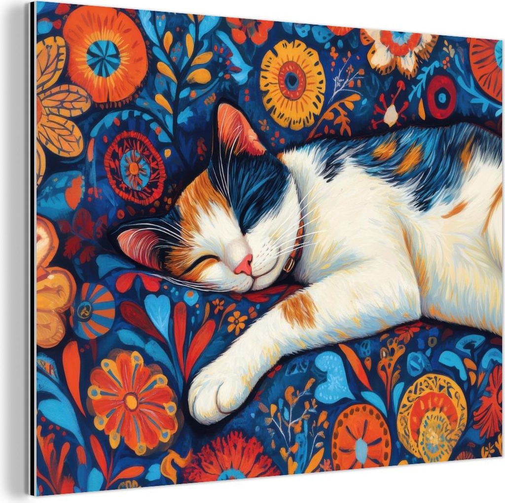 MuchoWow Wanddekoration Metall Metallbild Wandkunst 40x30 cm Katze - Blumenmuster - Blau - Orange MuchoWow Aluminium Gemälde - Dekoration Wohnzimmer