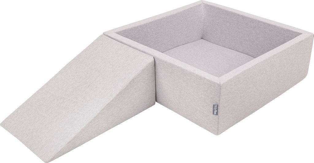 KiddyMoon Kinder Schaumstoff spielplatz mit Quadrat Bällebad 200 Bunte Bälle ∅7cm - Schaumstoffbausteine Kinderrutsche Bällebäder XXL - Hellgrau