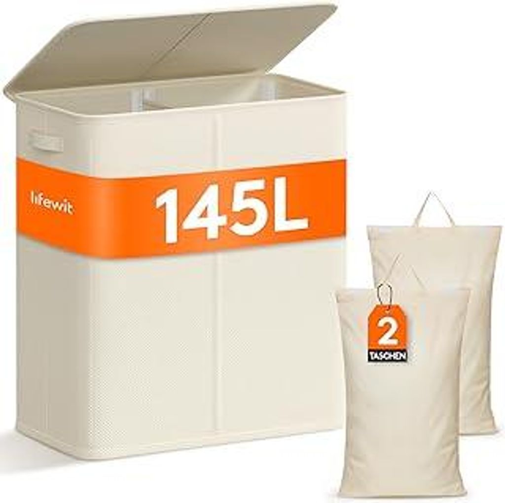 Lifewit 145L Wäschekorb 2 Fächer, Wäschesammler mit Deckel, Wäschekorb Wäschekörbe Groß 2 Abnehmbarem Wäschesack, Laundry Baskets mit Griff...