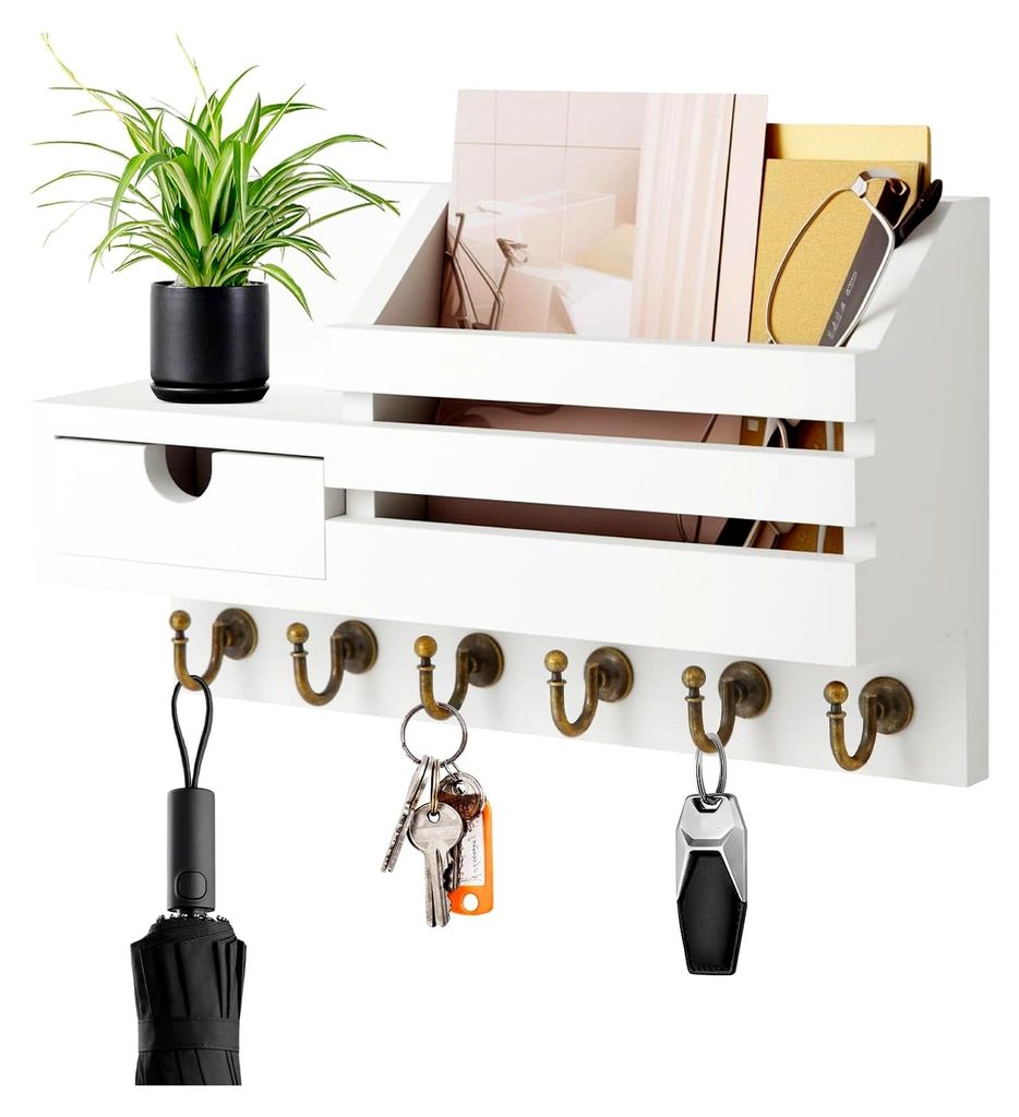 Schlüsselbrett mit Ablage und 6 Haken, Holz Schlüsselhalter für Eingang, Büro und Flur (Weiß)