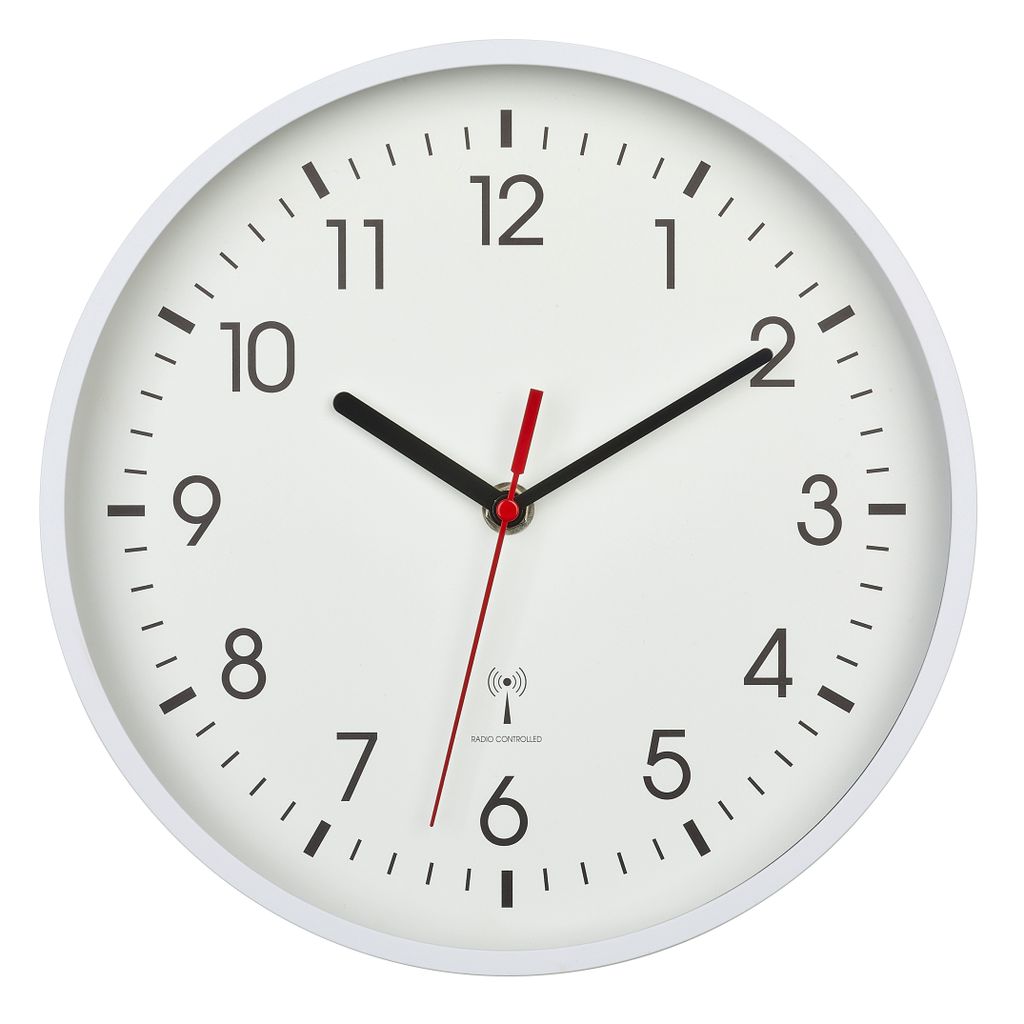 A white analog wall clock with black hands and numbers, and a red second hand, is shown against a white background.
