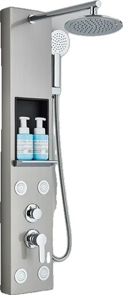 A modern shower panel system with multiple shower heads and dispensers.