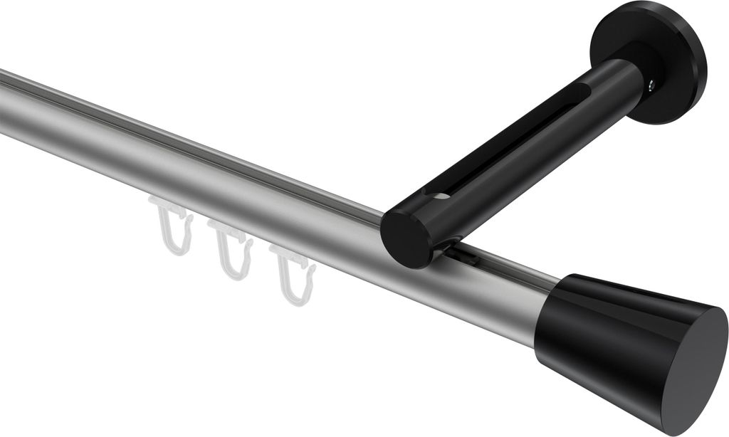Interdeco Innenlaufstange / Gardinenstange mit Innenlauf Silbergrau / Schwarz, Typ Siteno Sitra (Konus), 20 mm Ø 1-läufig, 320 cm