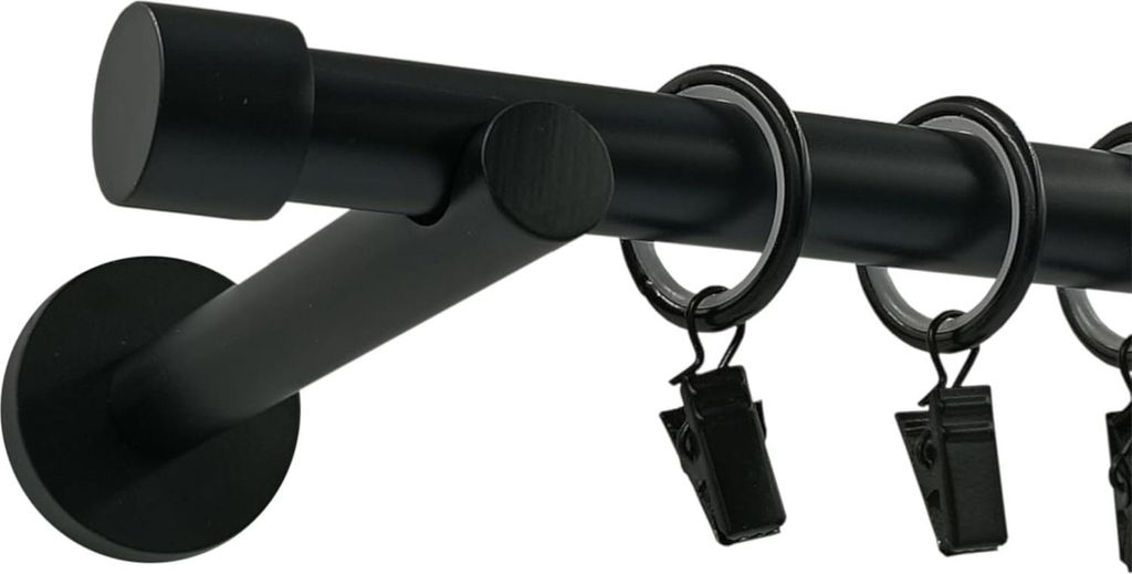 Techno 200 cm Einzelne Gardinenstange Schwarz 19 mm aus Metall mit Endstück LUNA Komplettset mit Ringen und Clips Inklusive Montagezubehörset