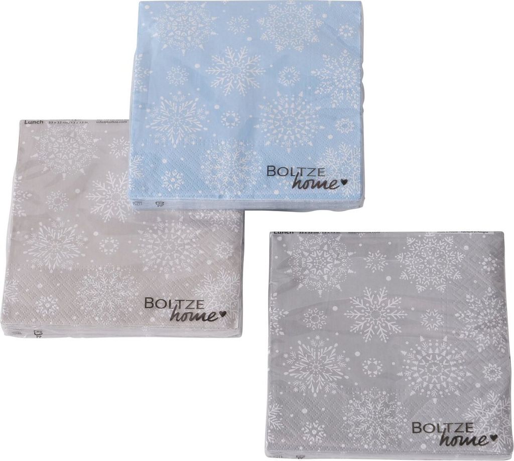 3 x 20 Weihnachtsservietten Winter Eiskristalle 'Schneeflocken' - hellblau grau taupe