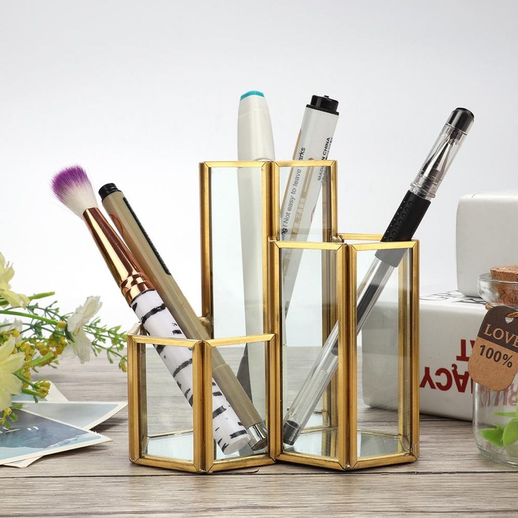 Simple Sexangle Combination Glass Pen Holder,Makeup Brush Holder Desk Organizer Storage