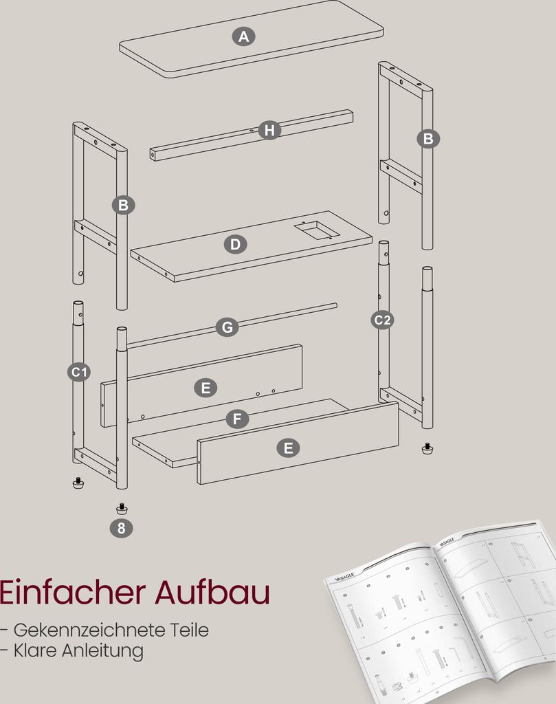 An exploded view diagram of a furniture assembly, showing individual parts labeled with letters and numbers, along with a booklet.