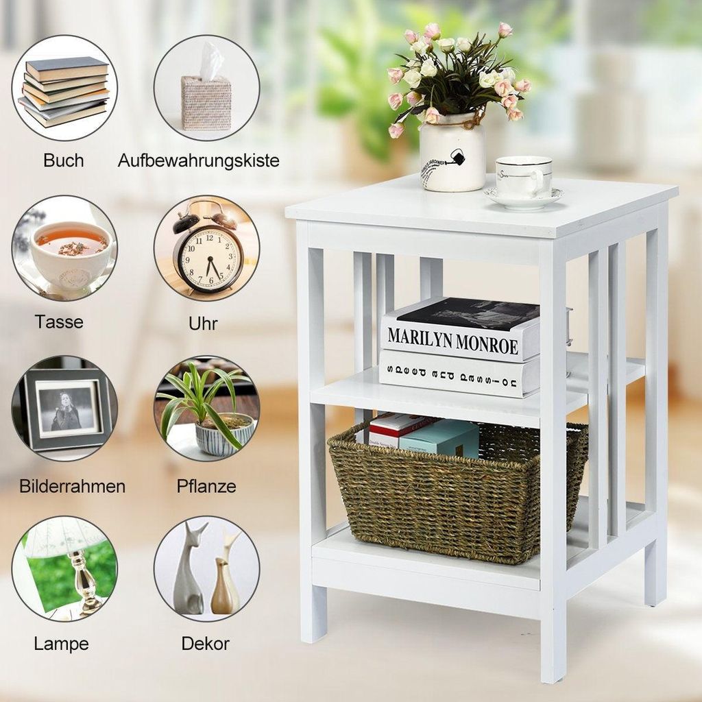 3-Etagiger Nachttisch Sofatisch Couchtisch für Schlafzimmer 40 x 40 x 61 cm Weiß