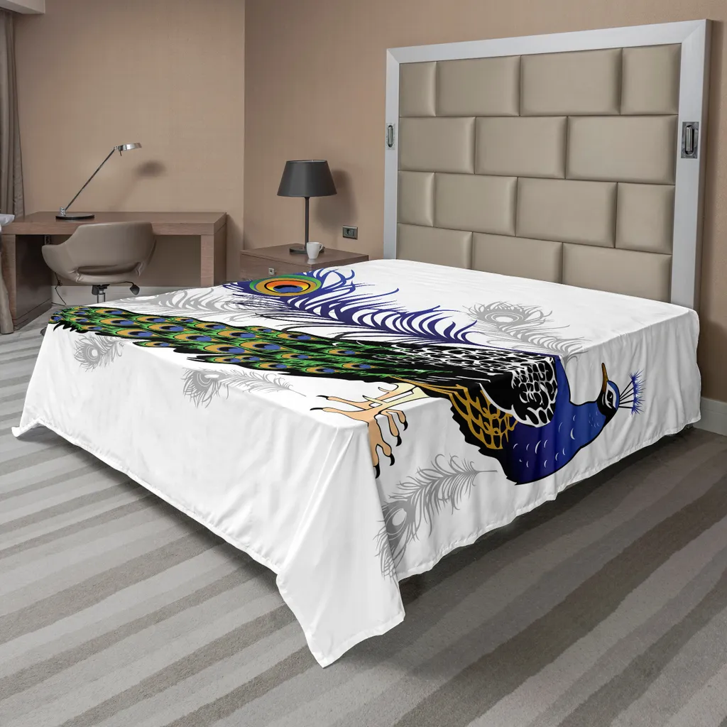 Drap plat décoratif motif plumes de paon 266 x 260 cm pour lit double