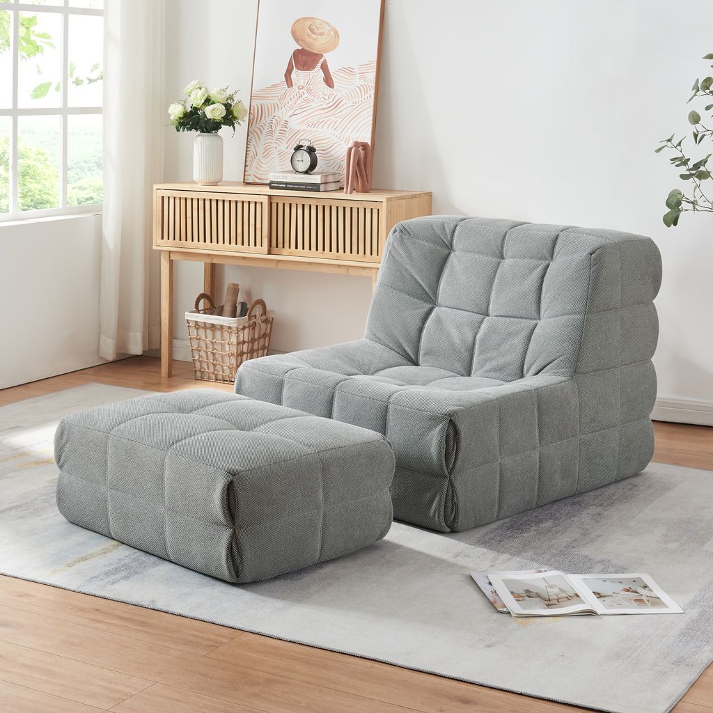 Bodensessel mit Fußhocker 'Koskyvn' Bodenstuhl mit Rückenlehne und Sitzpouf 75 x 90 x 100 cm Textil Grau