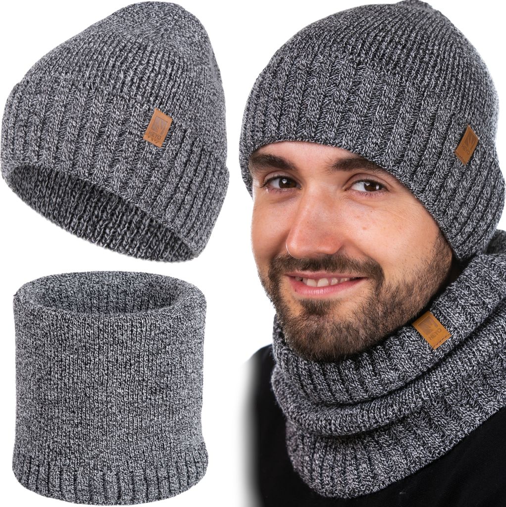 Beanie Herren Winter Set Mütze Schlauchschal Strickmütze Rundschal Wintermütze Übergangsmütze mit Bündchen Schal Halswärmer 2er Grau
