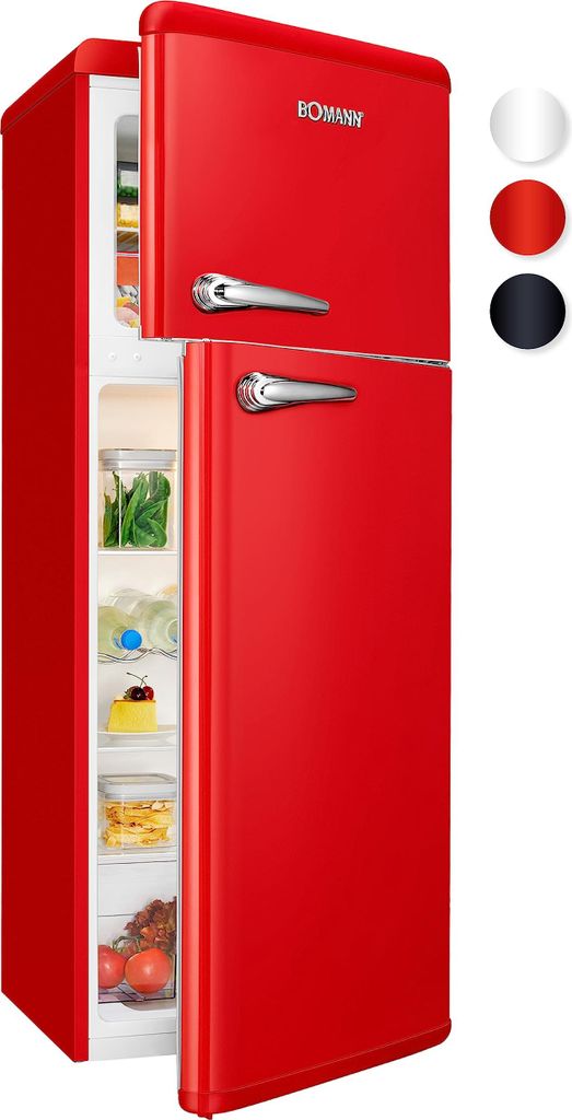 Bomann Retro Kühlschrank mit Gefrierfach, Vintage Kühlgefrierkombi Inhalt 208 L - Kühlen: 160 L, Gefrieren: 48 L, Retro-Fridge - DTR 353.1 rot