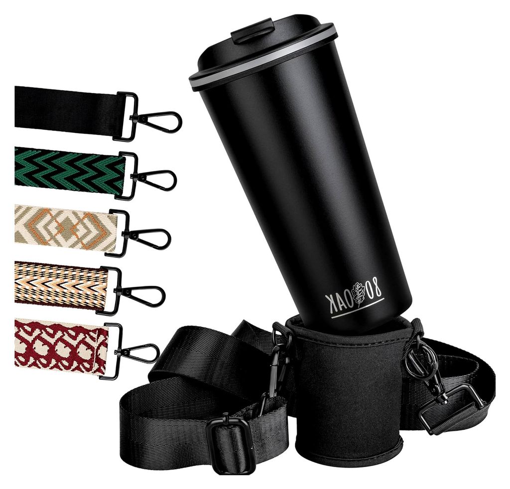 Kaffeebecher und Cupholder Set. Becherhalter und Thermobecher zum Umhängen. Getränkehalter aus Neopren mit verstellbaren Schultergurt (Schwarz, M...